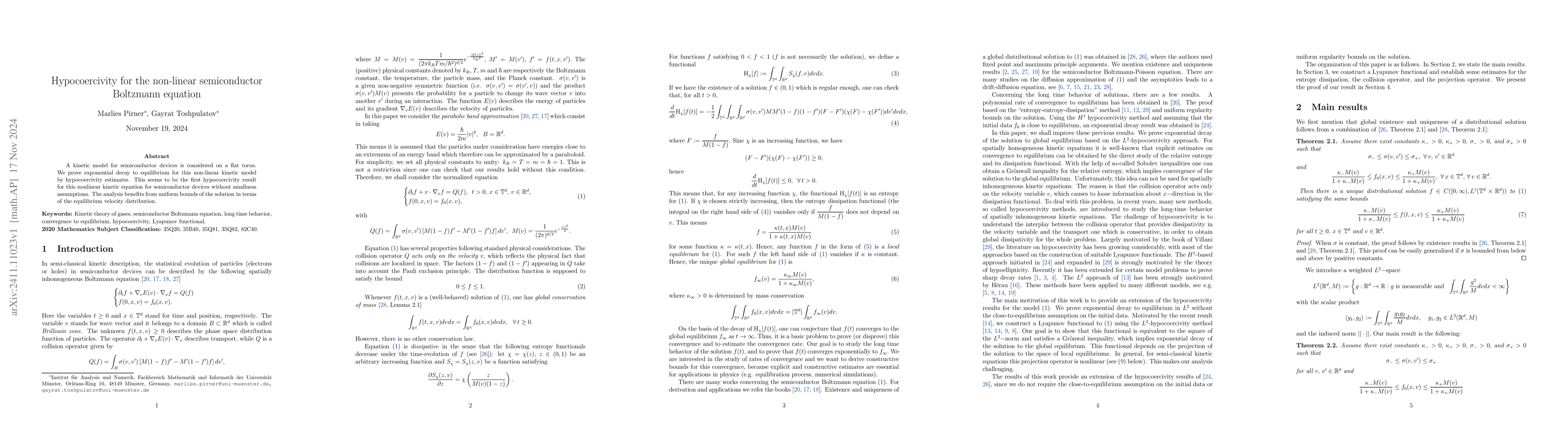 Thumbnail for Hypocoercivity for the non-linear semiconductor Boltzmann equation