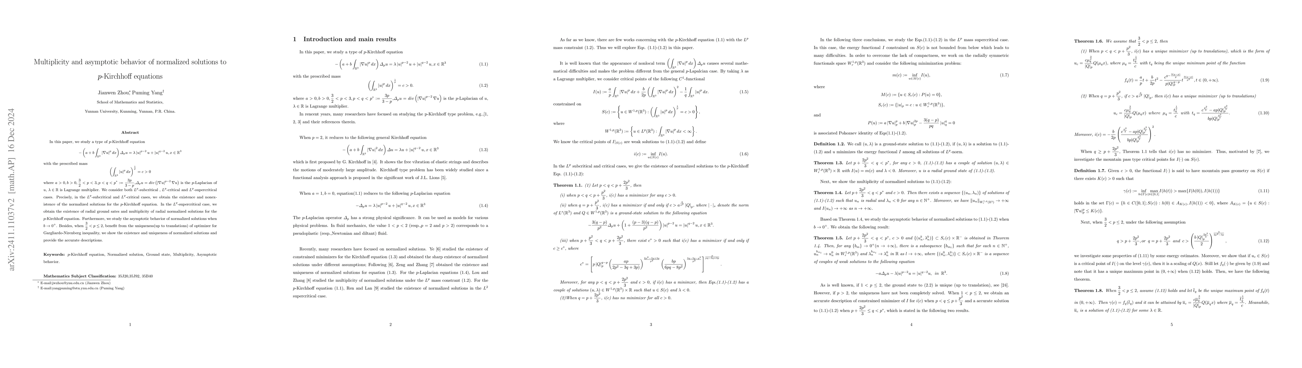 Thumbnail for Multiplicity and asymptotic behavior of normalized solutions to
  p-Kirchhoff equations