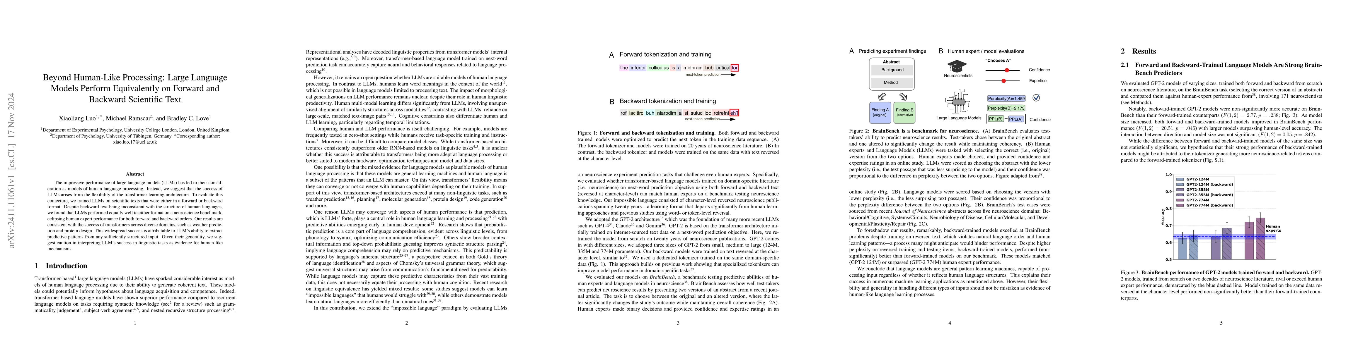 Thumbnail for Beyond Human-Like Processing: Large Language Models Perform Equivalently
  on Forward and Backward Scientific Text