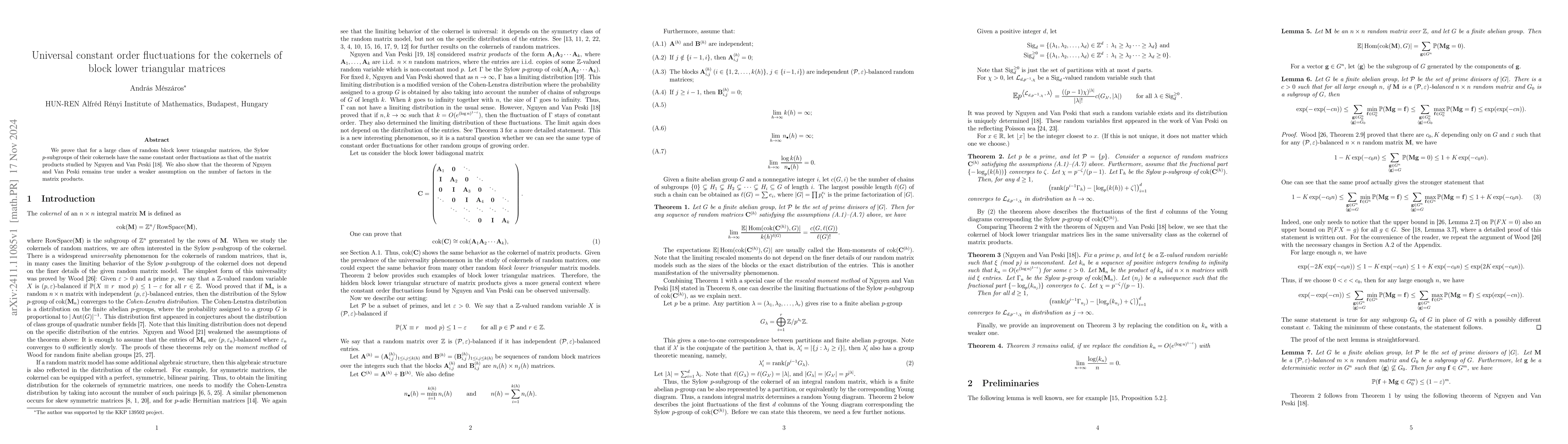 Thumbnail for Universal constant order fluctuations for the cokernels of block lower
  triangular matrices