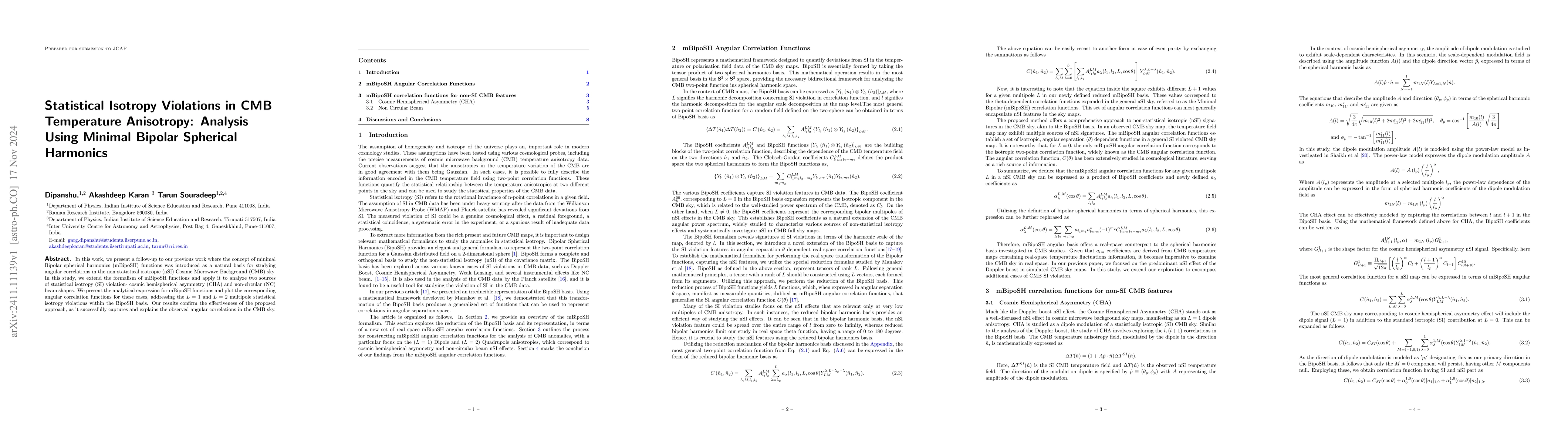 Thumbnail for Statistical Isotropy Violations in CMB Temperature Anisotropy: Analysis
  Using Minimal Bipolar Spherical Harmonics