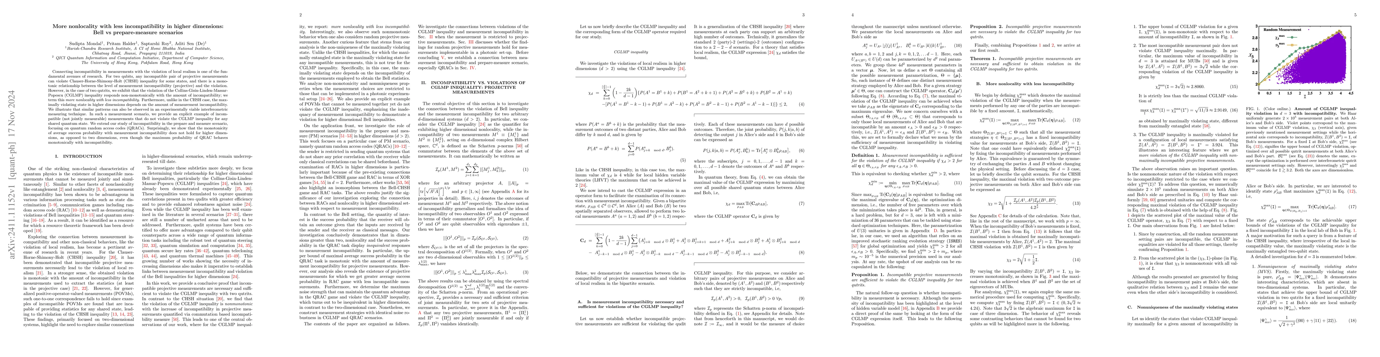 Thumbnail for More nonlocality with less incompatibility in higher dimensions: Bell vs
  prepare-measure scenarios