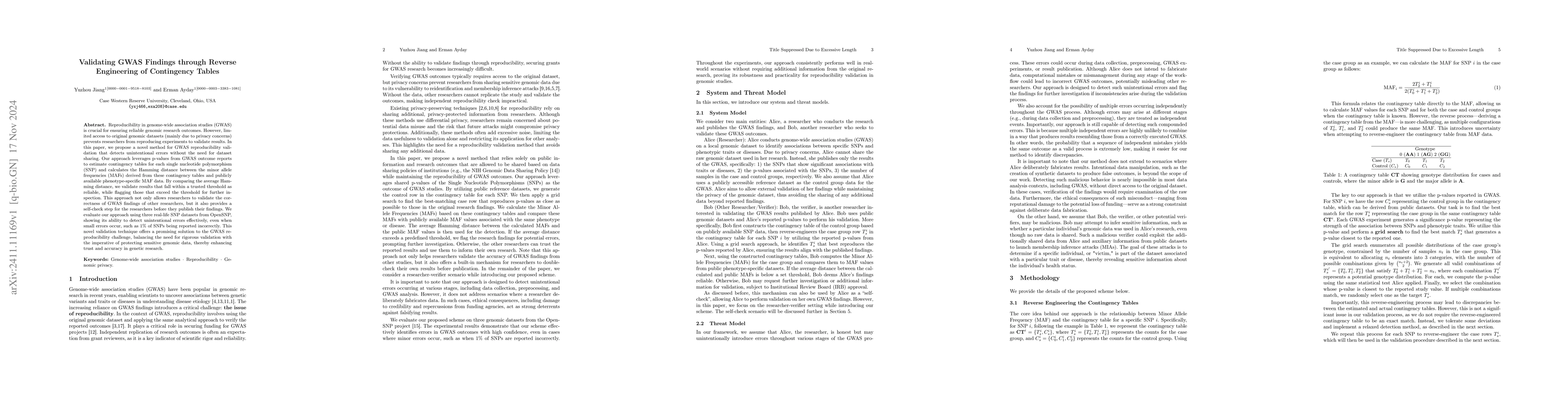 Thumbnail for Validating GWAS Findings through Reverse Engineering of Contingency
  Tables