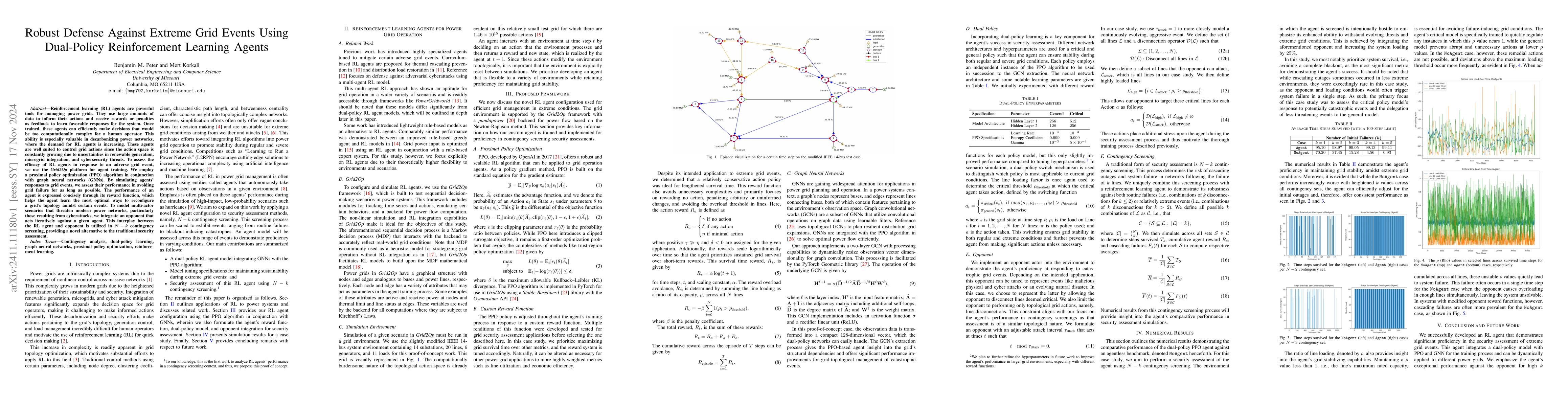 Thumbnail for Robust Defense Against Extreme Grid Events Using Dual-Policy
  Reinforcement Learning Agents