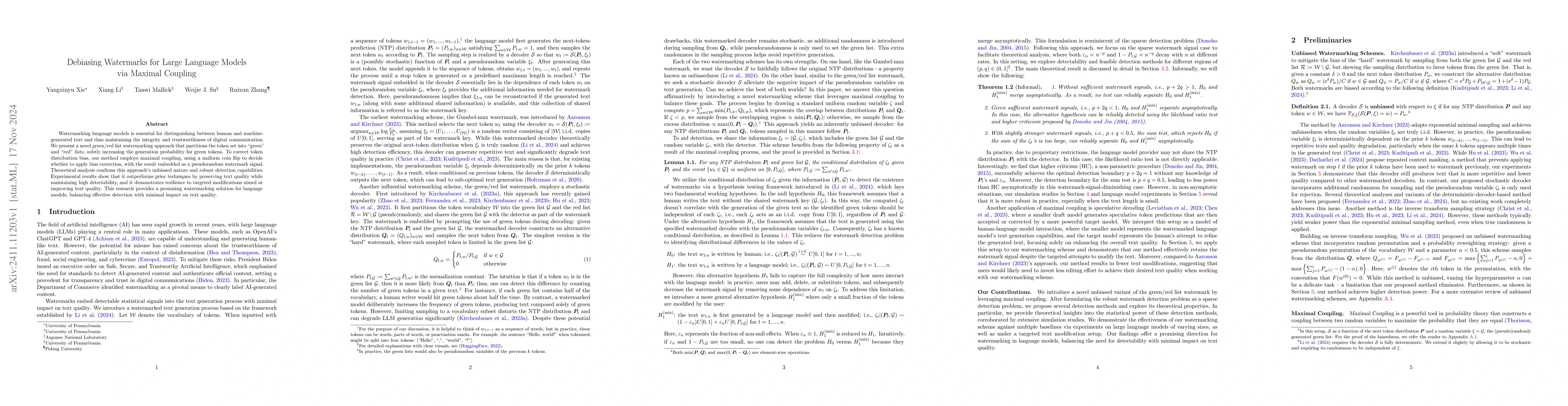 Thumbnail for Debiasing Watermarks for Large Language Models via Maximal Coupling