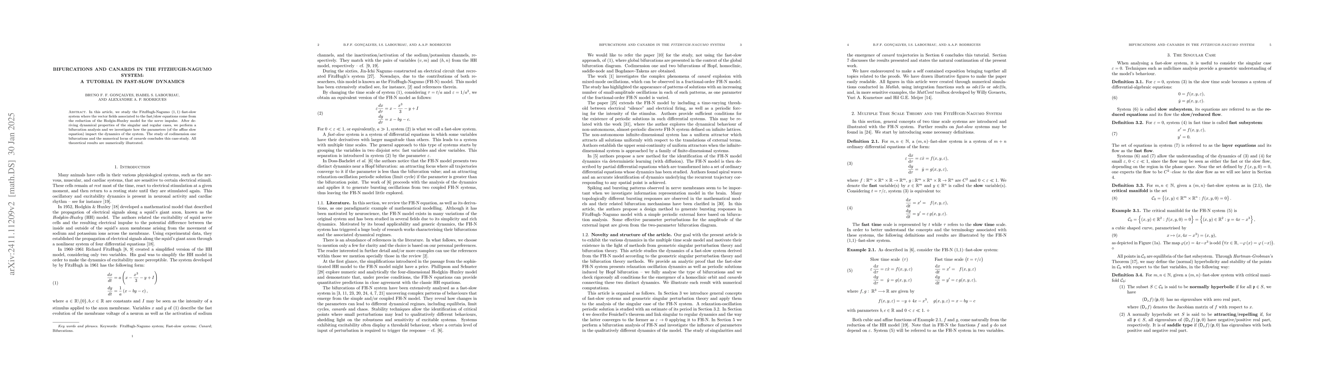 Thumbnail for Bifurcations and canards in the FitzHugh-Nagumo system: a tutorial in
  fast-slow dynamics