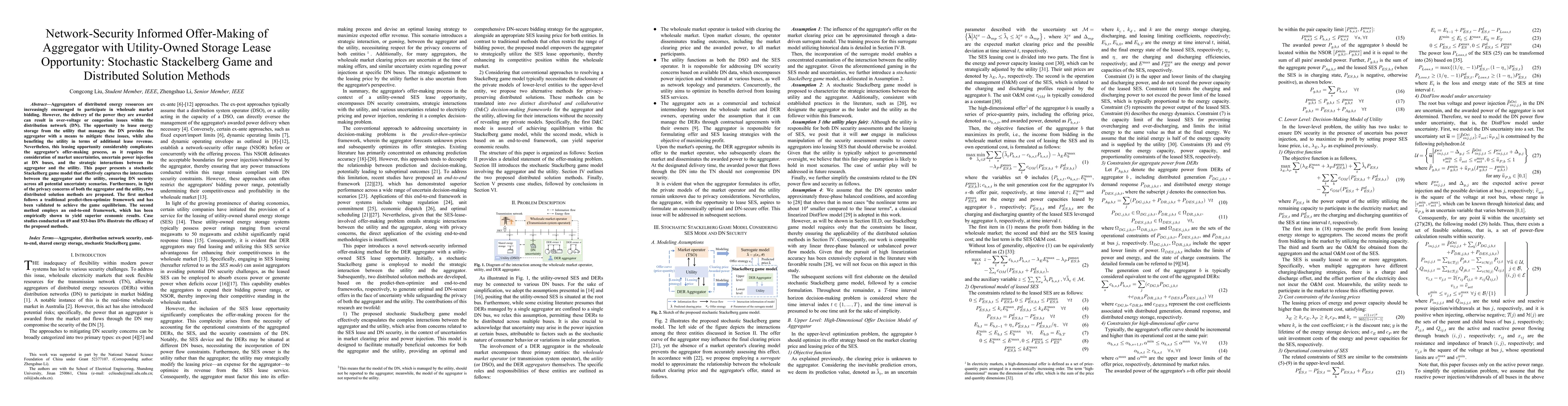 Thumbnail for Network-Security Informed Offer-Making of Aggregator with Utility-Owned
  Storage Lease Opportunity: Stochastic Stackelberg Game and Distributed
  Solution Methods