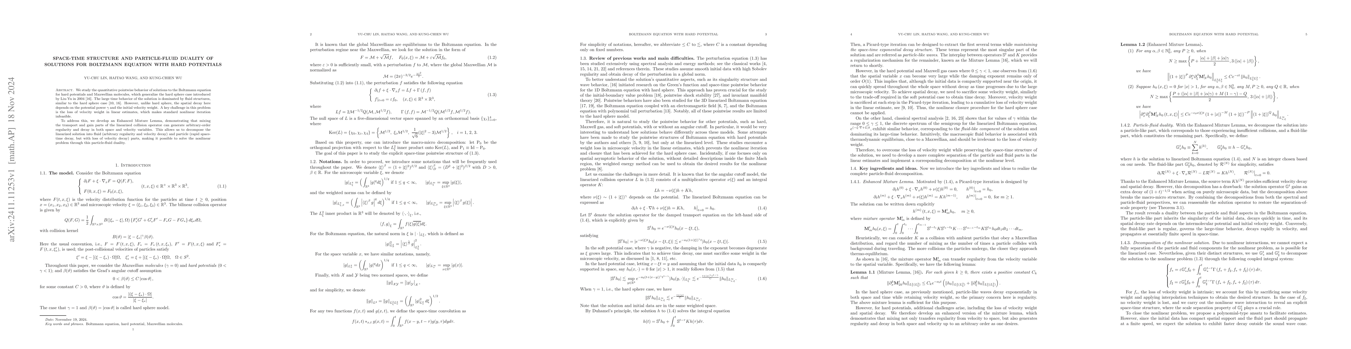 Thumbnail for Space-time structure and particle-fluid duality of solutions for
  Boltzmann equation with hard potentials