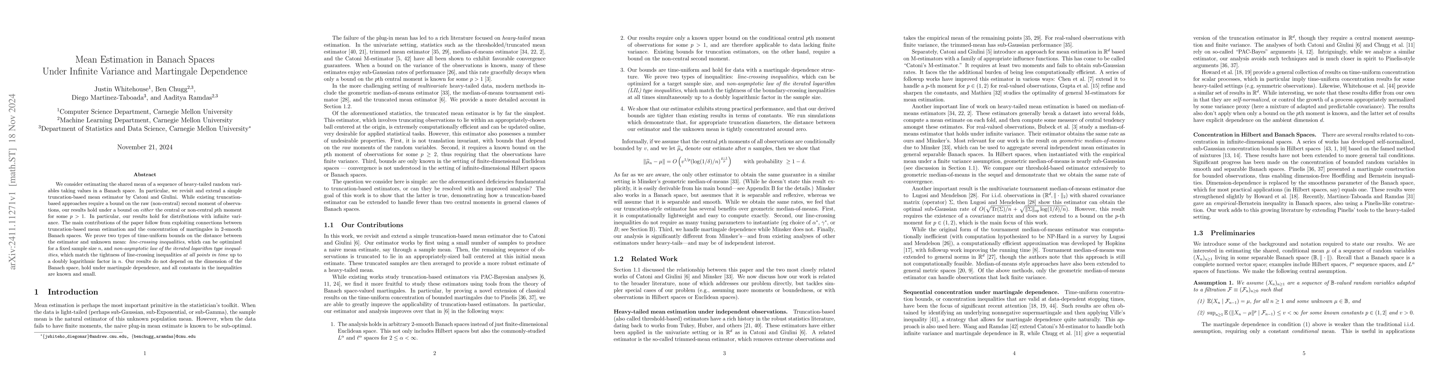 Thumbnail for Mean Estimation in Banach Spaces Under Infinite Variance and Martingale
  Dependence