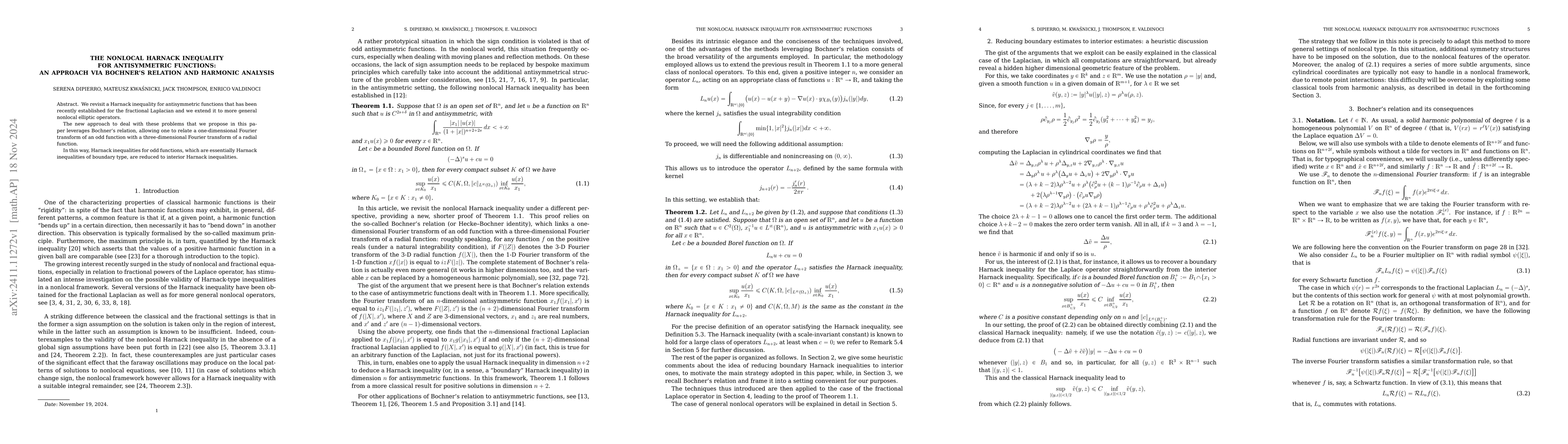 Thumbnail for The nonlocal Harnack inequality for antisymmetric functions: an approach
  via Bochner's relation and harmonic analysis