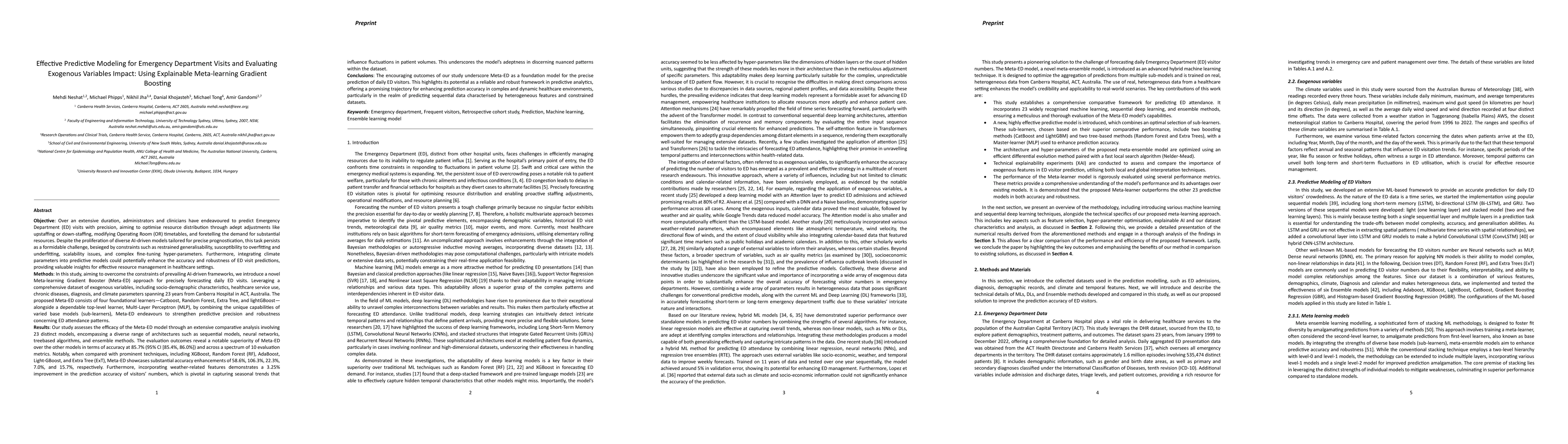 Thumbnail for Effective Predictive Modeling for Emergency Department Visits and
  Evaluating Exogenous Variables Impact: Using Explainable Meta-learning
  Gradient Boosting