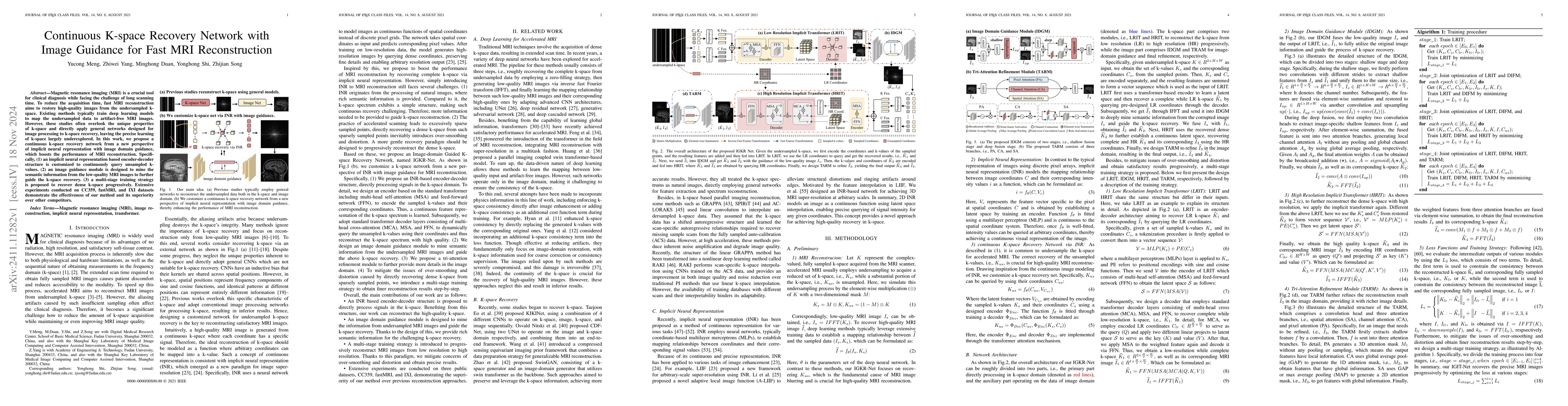 Thumbnail for Continuous K-space Recovery Network with Image Guidance for Fast MRI
  Reconstruction