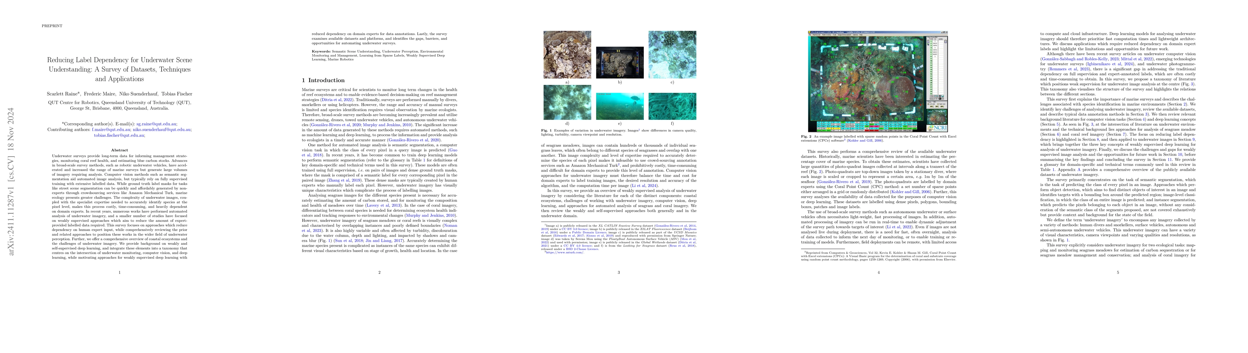 Thumbnail for Reducing Label Dependency for Underwater Scene Understanding: A Survey
  of Datasets, Techniques and Applications