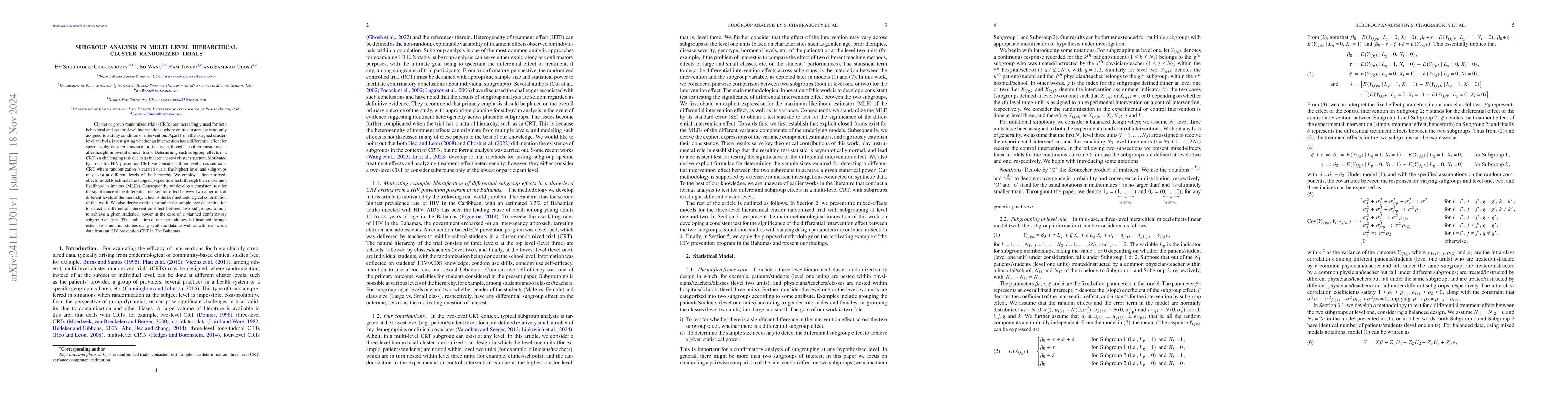 Thumbnail for Subgroup analysis in multi level hierarchical cluster randomized trials