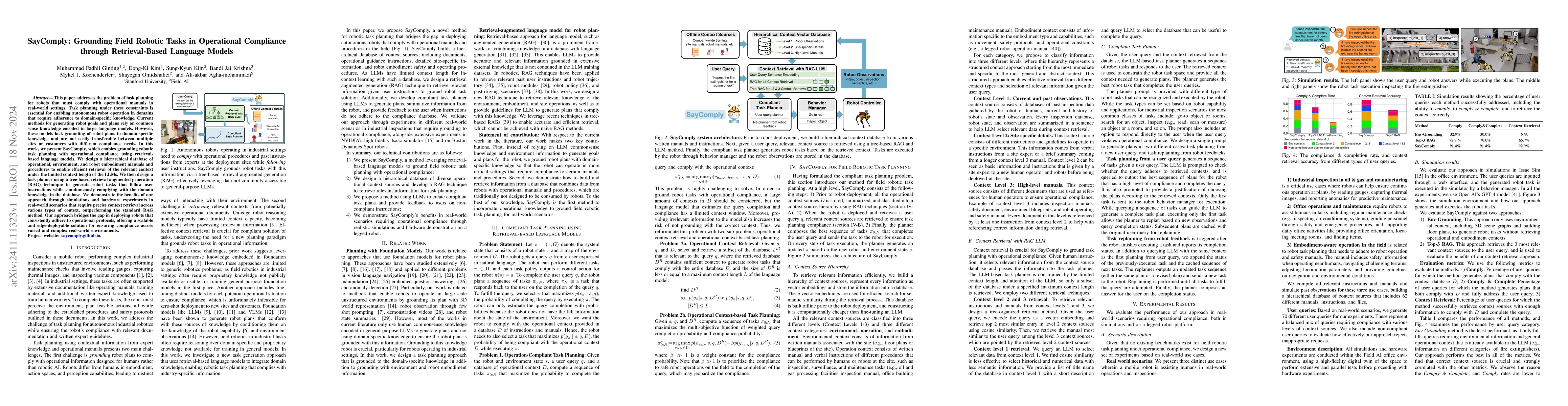 Thumbnail for SayComply: Grounding Field Robotic Tasks in Operational Compliance
  through Retrieval-Based Language Models