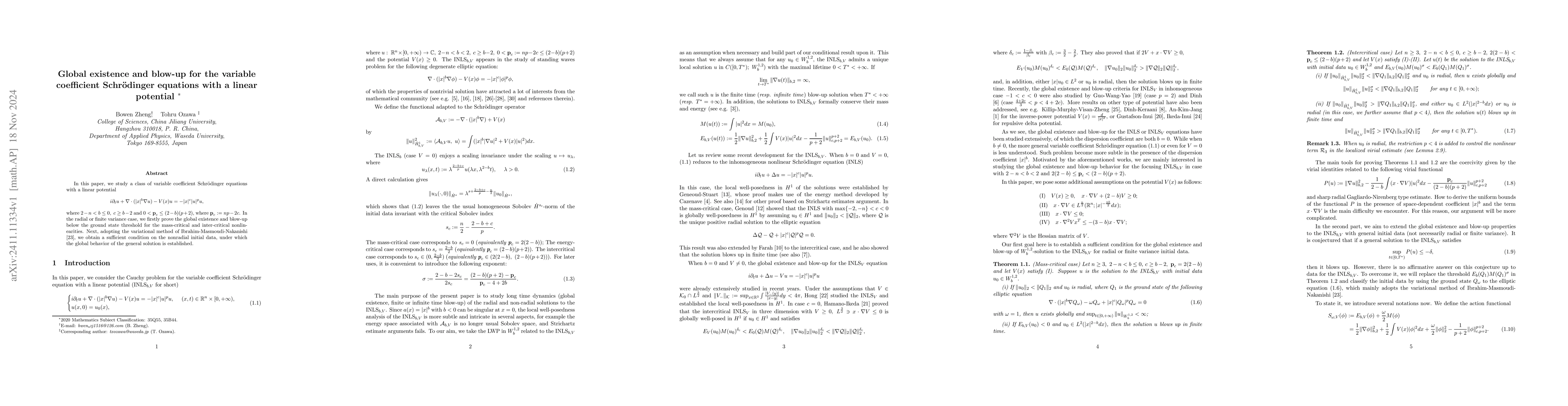 Thumbnail for Global existence and blow-up for the variable coefficient
  Schrödinger equations with a linear potential