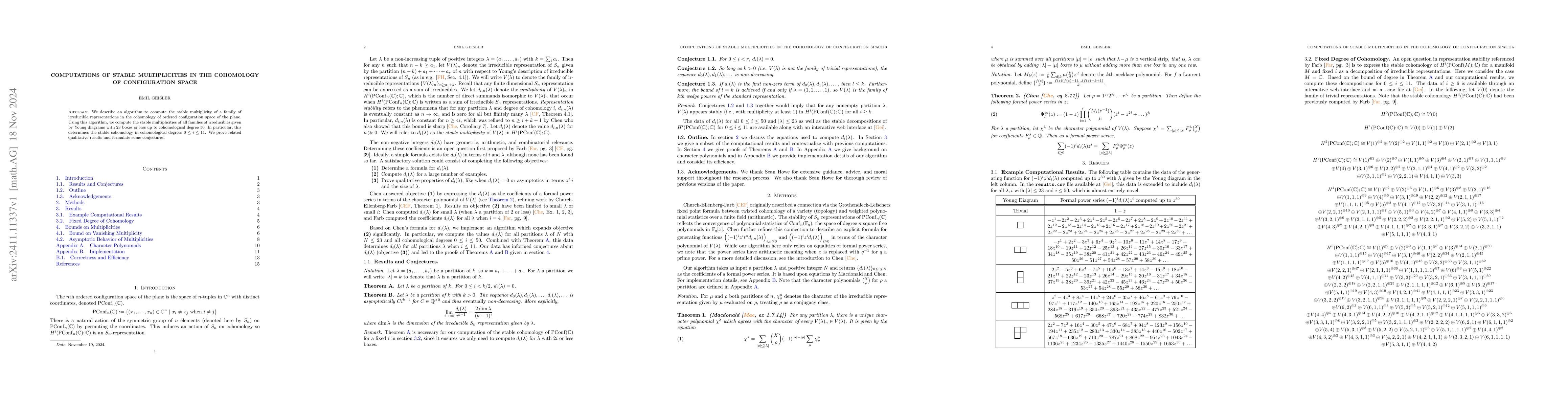 Thumbnail for Computations of Stable Multiplicities in the Cohomology of Configuration
  Space