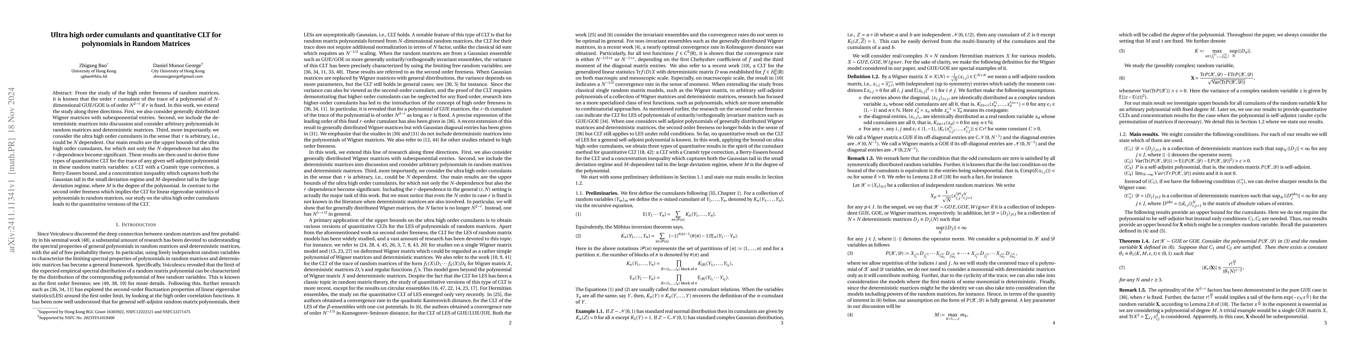 Thumbnail for Ultra high order cumulants and quantitative CLT for polynomials in
  Random Matrices