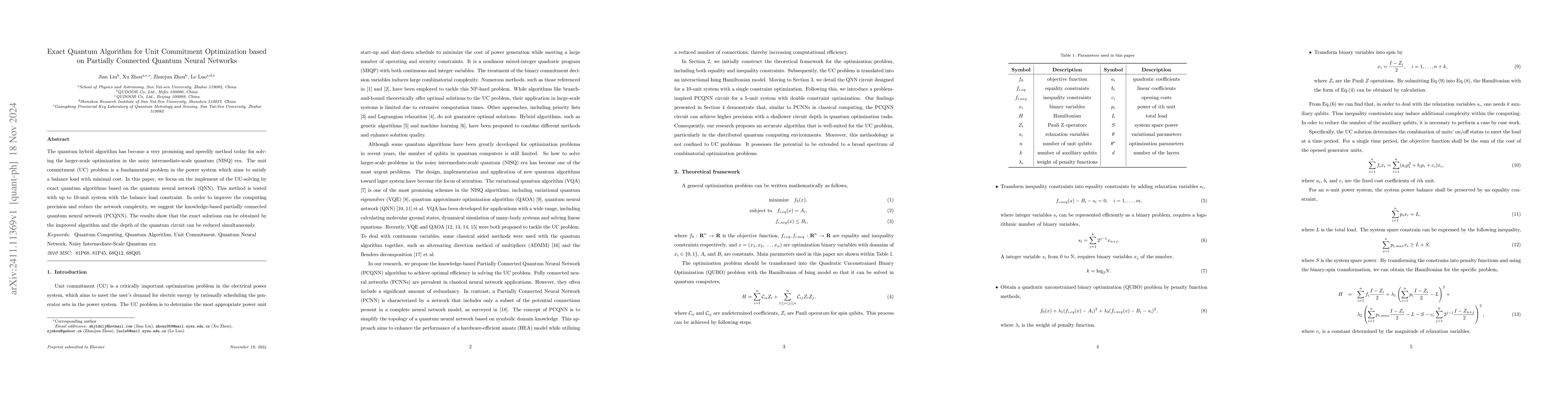 Thumbnail for Exact Quantum Algorithm for Unit Commitment Optimization based on
  Partially Connected Quantum Neural Networks