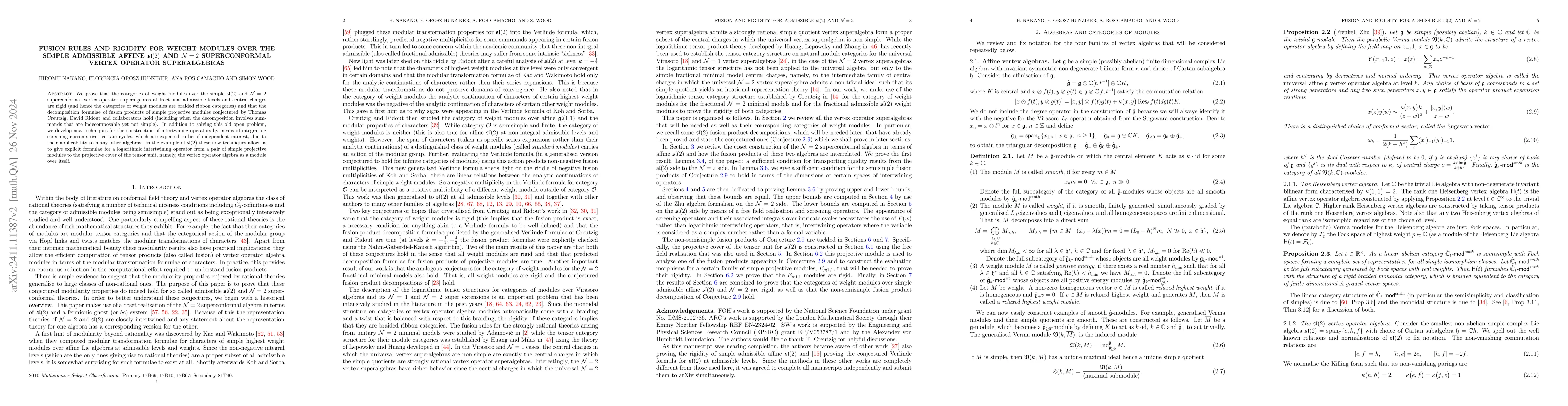 Thumbnail for Fusion rules and rigidity for weight modules over the simple admissible
  affine $\mathfrak{sl}(2)$ and $\mathcal{N}=2$ superconformal vertex operator
  superalgebras