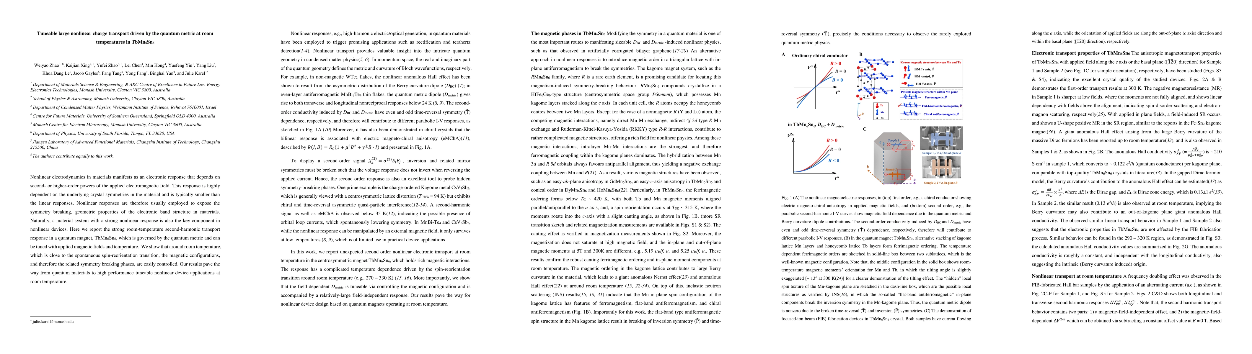 Thumbnail for Tuneable large nonlinear charge transport driven by the quantum metric
  at room temperatures in TbMn6Sn6