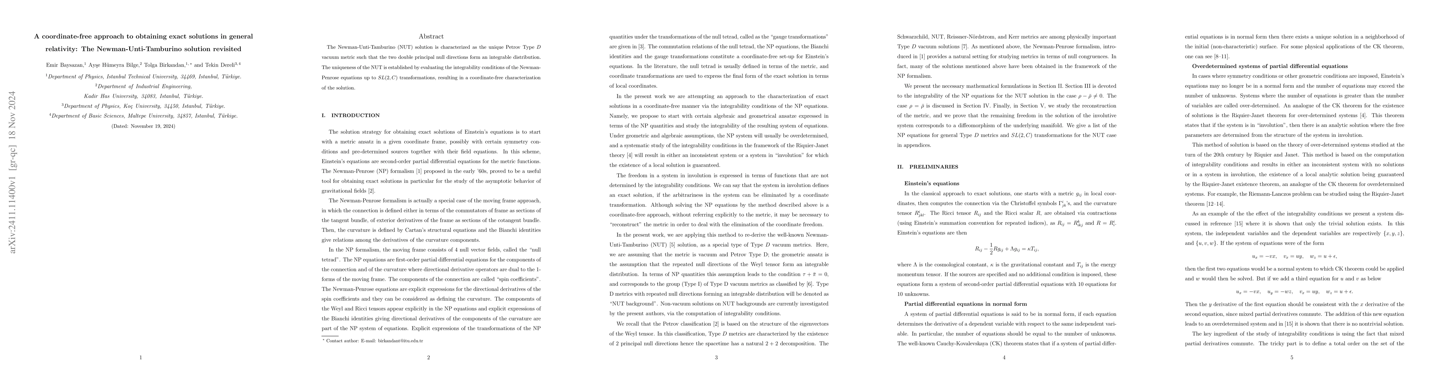 Thumbnail for A coordinate-free approach to obtaining exact solutions in general
  relativity: The Newman-Unti-Tamburino solution revisited