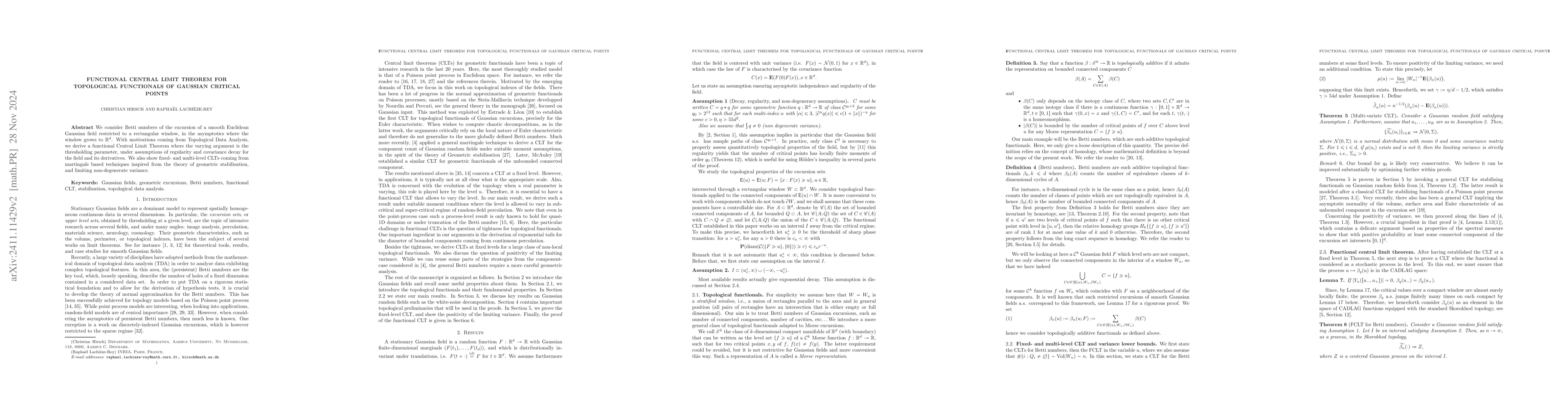 Thumbnail for Functional central limit theorem for topological functionals of Gaussian
  critical points
