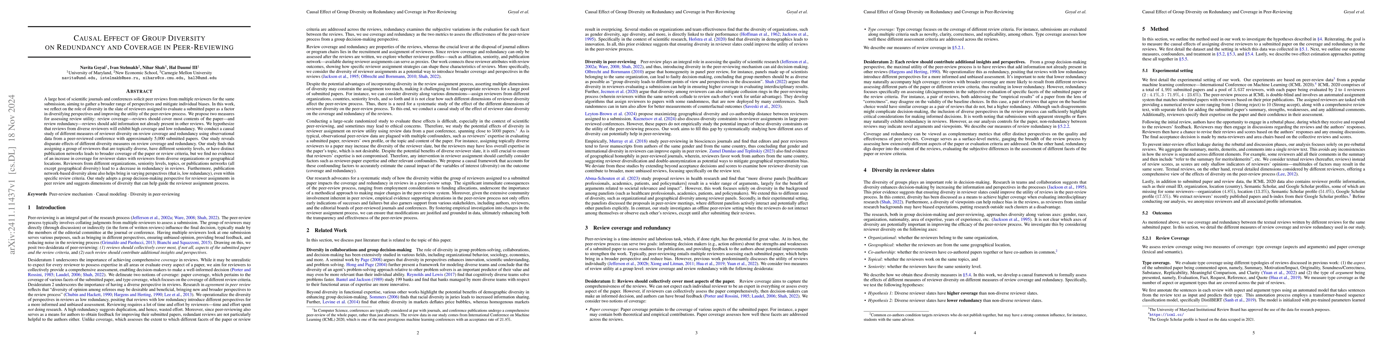 Thumbnail for Causal Effect of Group Diversity on Redundancy and Coverage in
  Peer-Reviewing