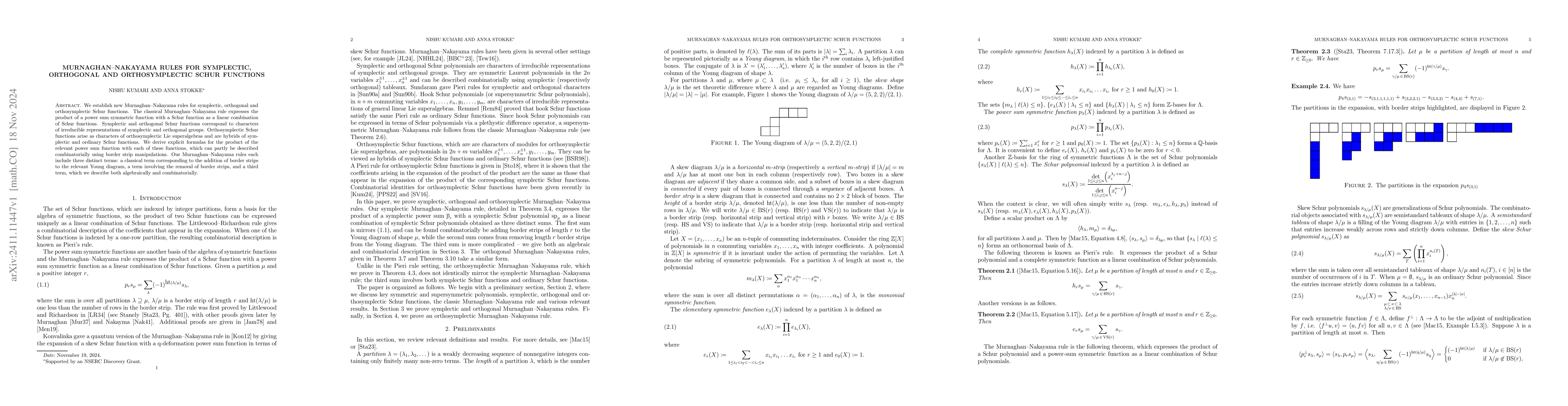 Thumbnail for Murnaghan--Nakayama rules for symplectic, orthogonal and orthosymplectic
  Schur functions