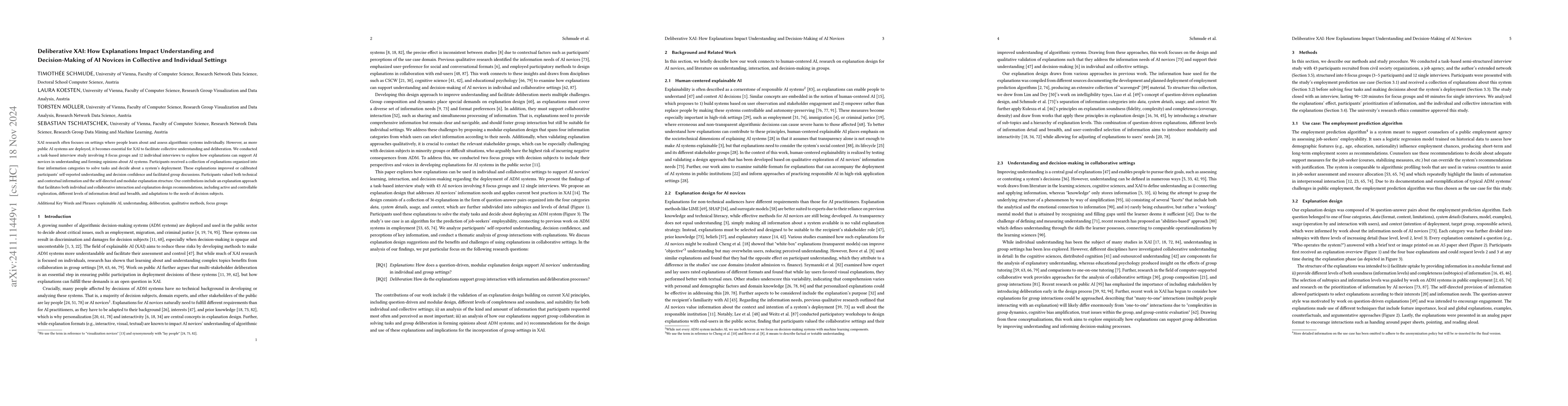 Thumbnail for Deliberative XAI: How Explanations Impact Understanding and
  Decision-Making of AI Novices in Collective and Individual Settings