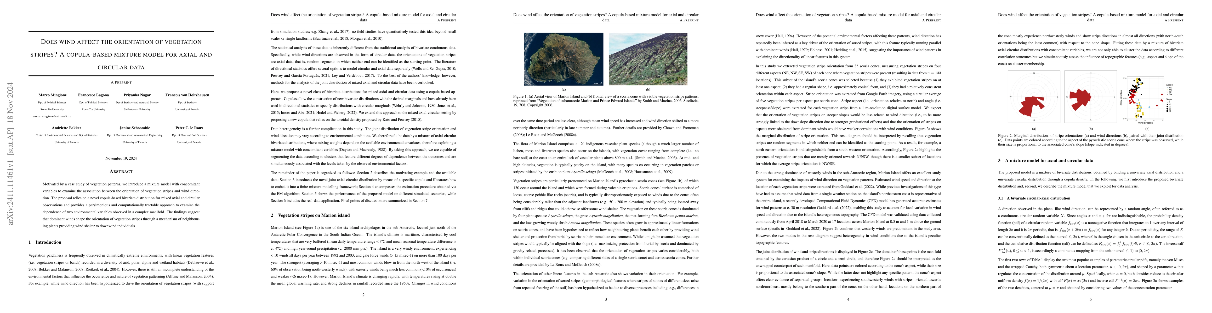 Thumbnail for Does wind affect the orientation of vegetation stripes? A copula-based
  mixture model for axial and circular data