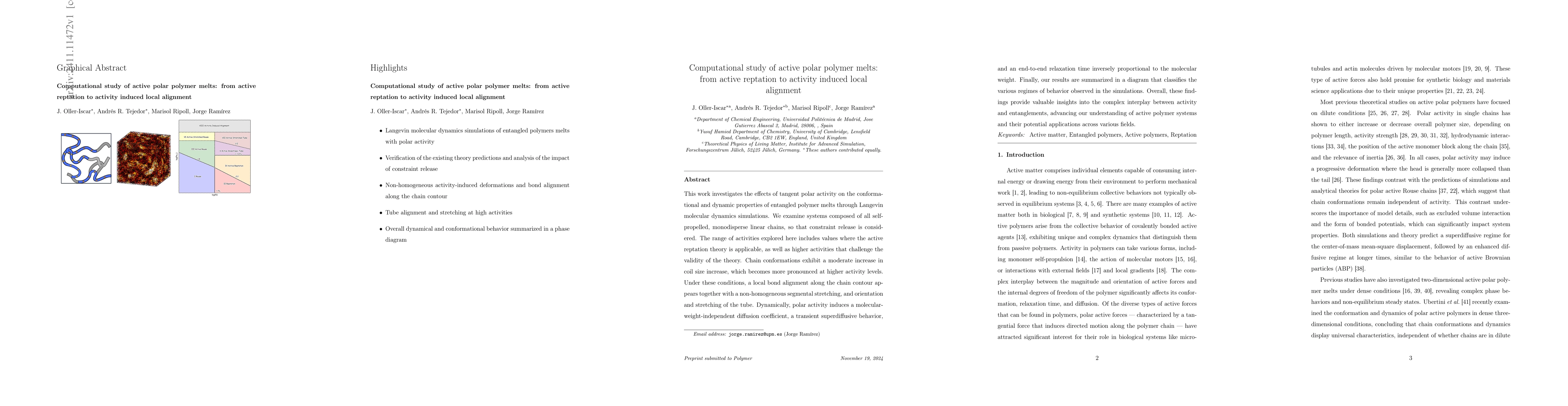 Thumbnail for Computational study of active polar polymer melts: from active reptation
  to activity induced local alignment