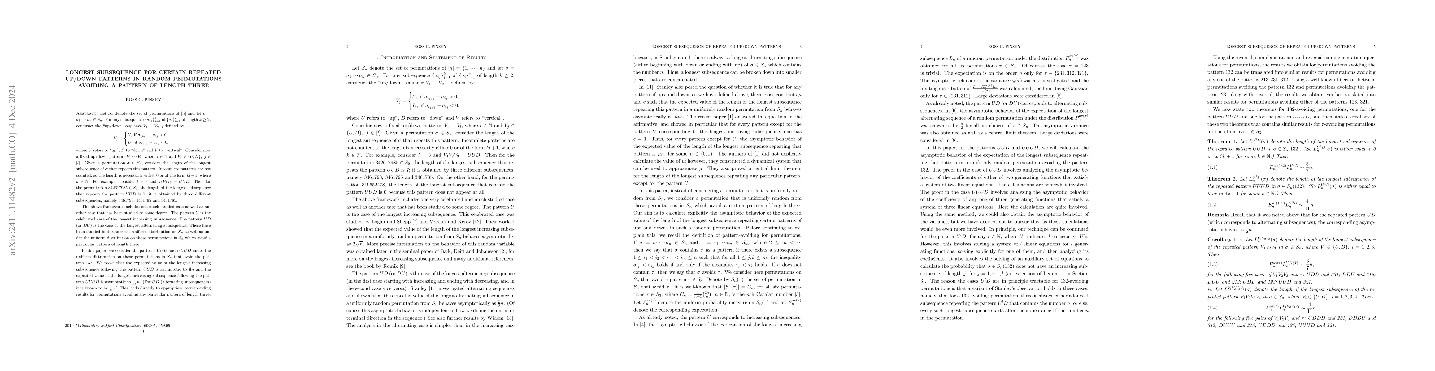 Thumbnail for Longest subsequence for certain repeated up/down patterns in random
  permutations avoiding a pattern of length three