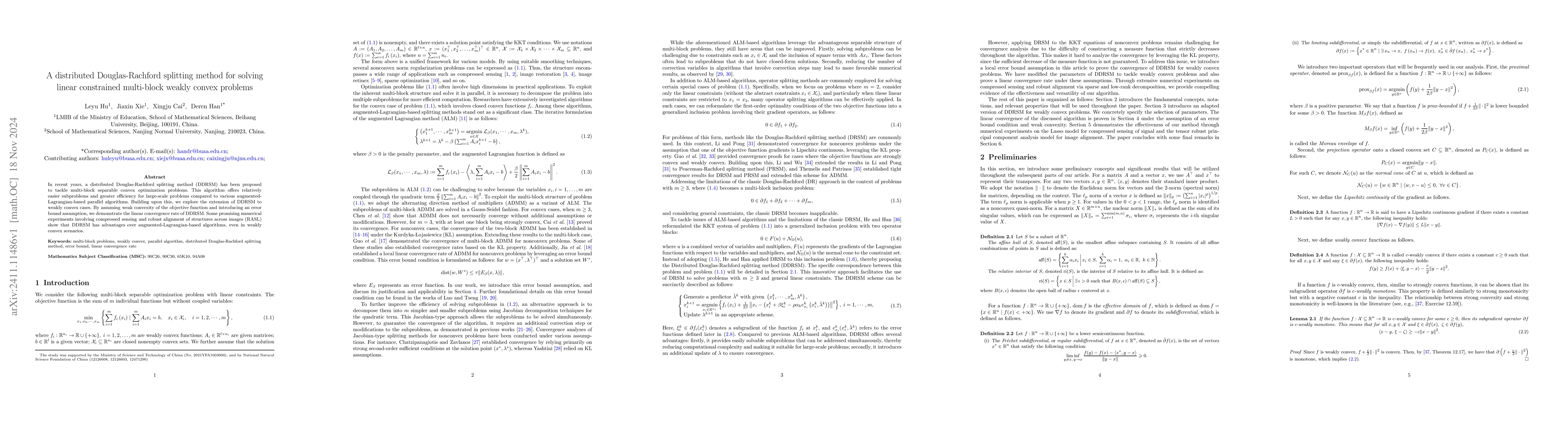 Thumbnail for A distributed Douglas-Rachford splitting method for solving linear
  constrained multi-block weakly convex problems