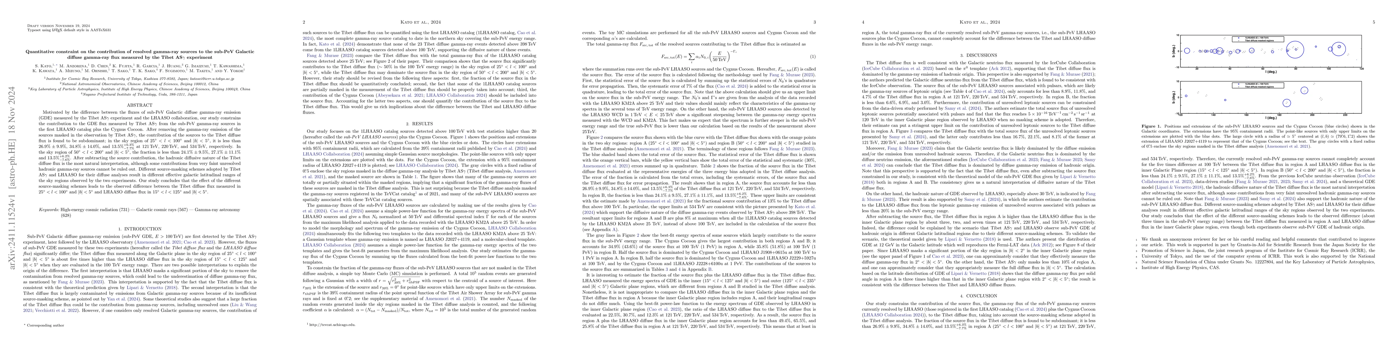 Thumbnail for Quantitative constraint on the contribution of resolved gamma-ray
  sources to the sub-PeV Galactic diffuse gamma-ray flux measured by the Tibet
  ASγ experiment