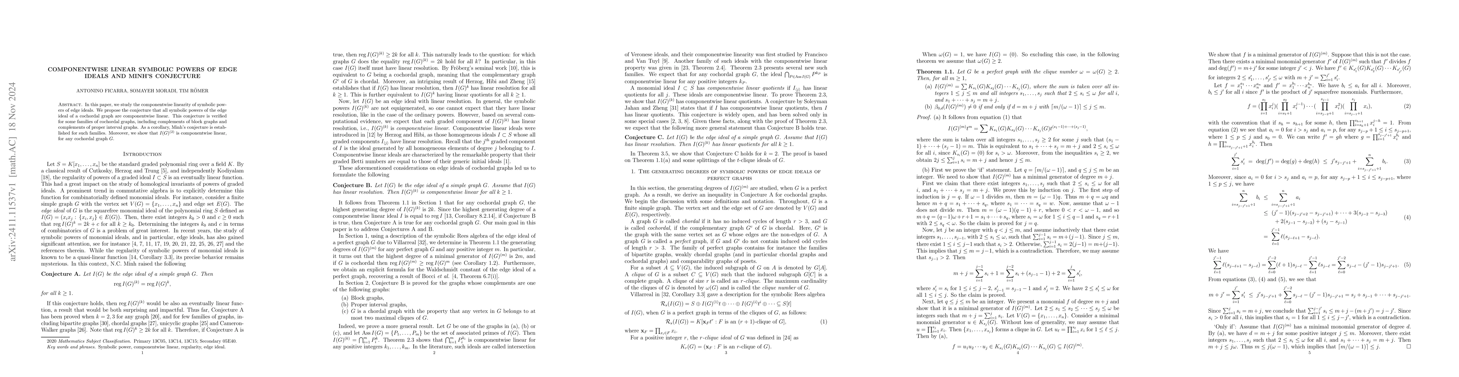 Thumbnail for Componentwise linear symbolic powers of edge ideals and Minh's
  conjecture