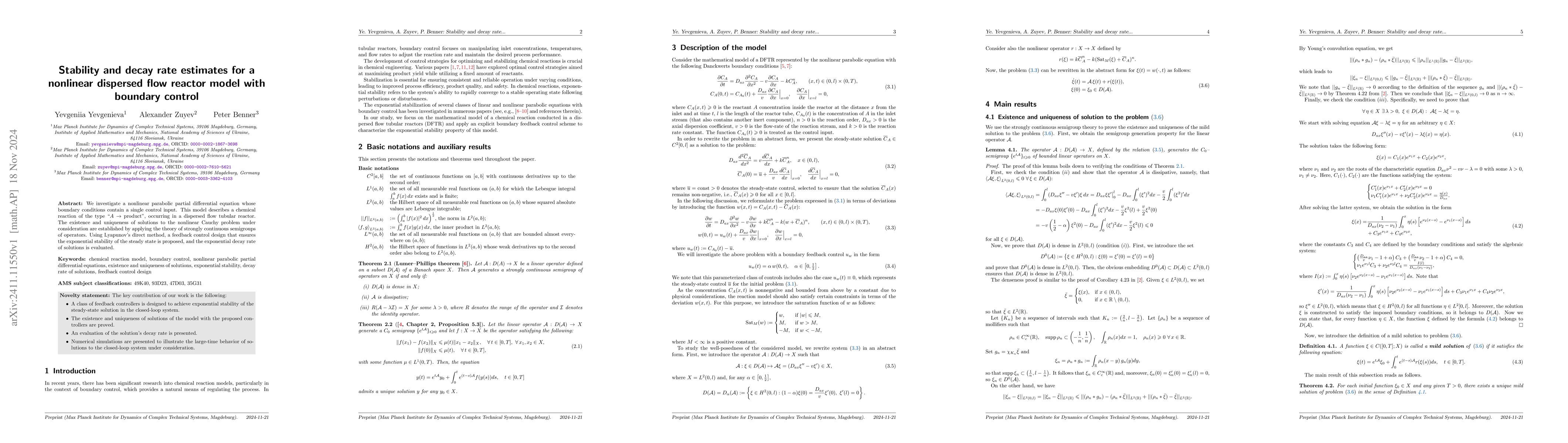 Thumbnail for Stability and decay rate estimates for a nonlinear dispersed flow
  reactor model with boundary control