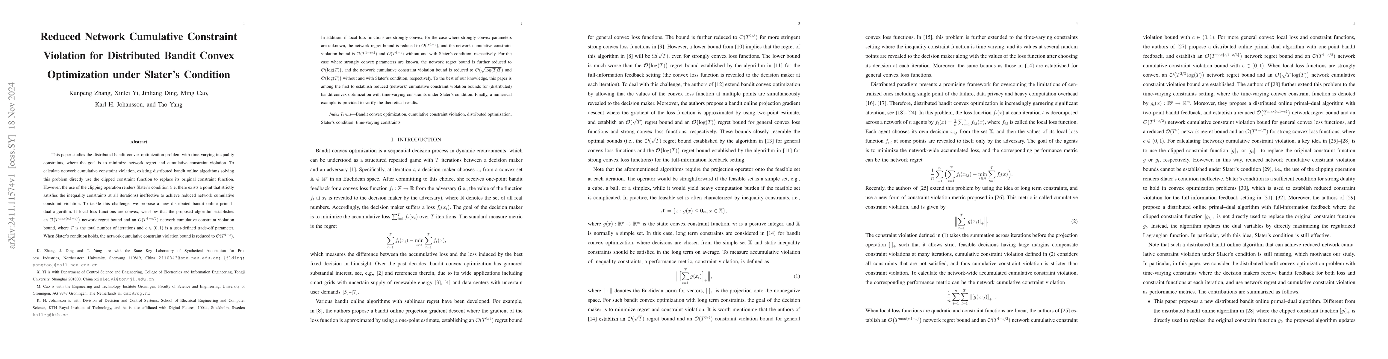Thumbnail for Reduced Network Cumulative Constraint Violation for Distributed Bandit
  Convex Optimization under Slater Condition