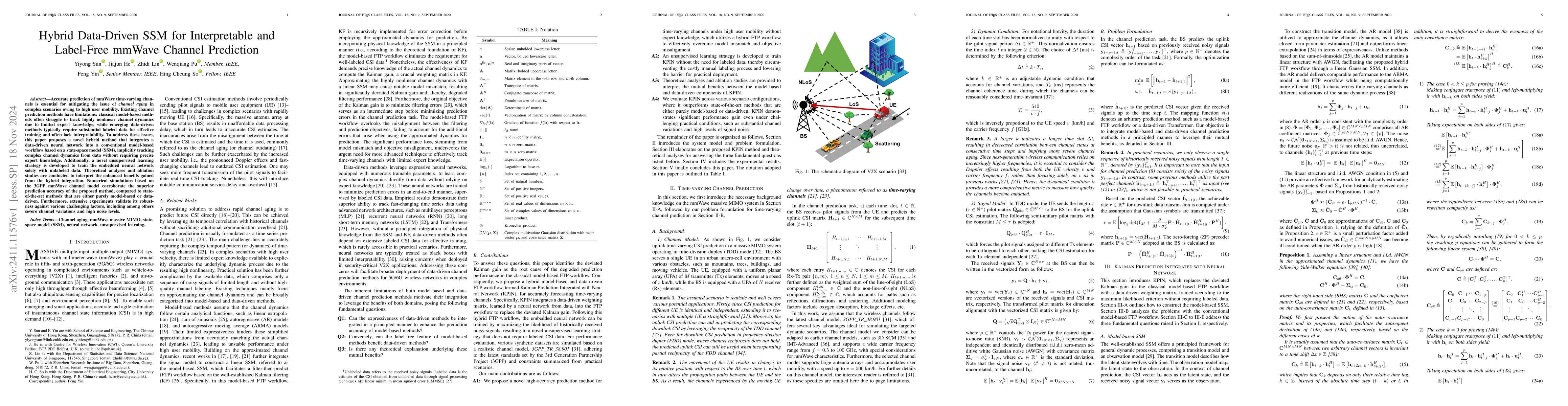 Thumbnail for Hybrid Data-Driven SSM for Interpretable and Label-Free mmWave Channel
  Prediction