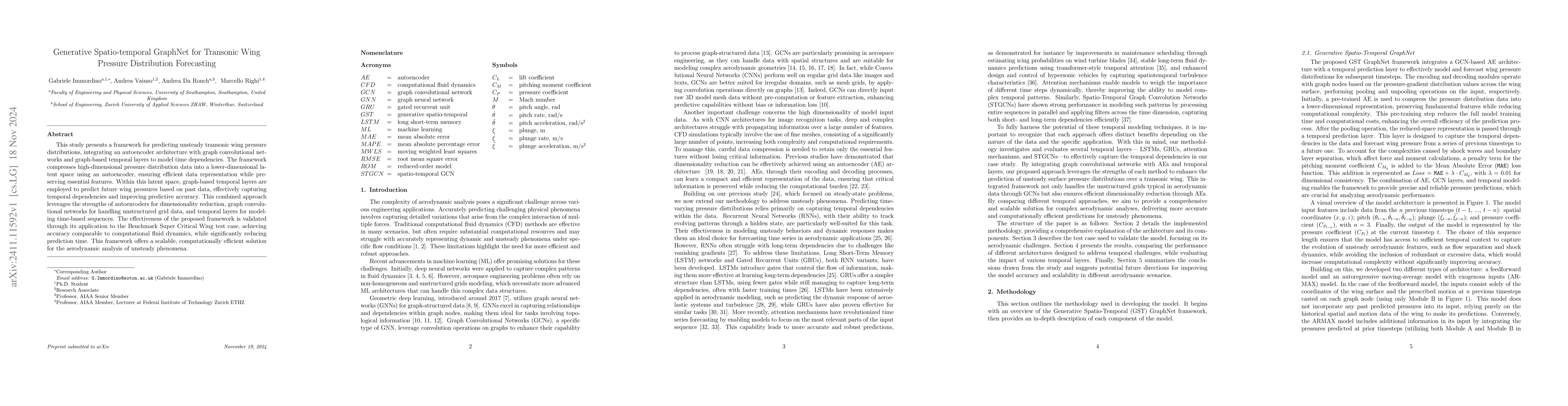 Thumbnail for Generative Spatio-temporal GraphNet for Transonic Wing Pressure
  Distribution Forecasting