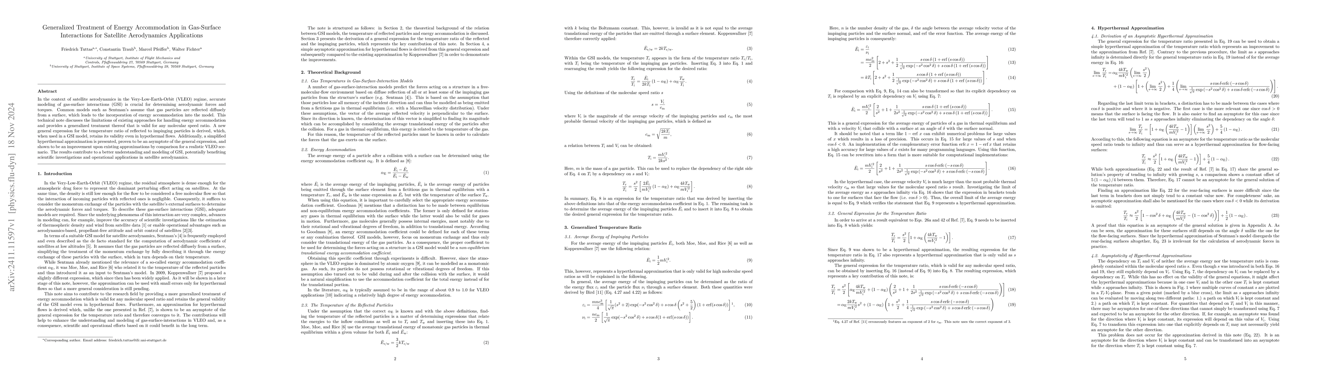 Thumbnail for Generalized Treatment of Energy Accommodation in Gas-Surface
  Interactions for Satellite Aerodynamics Applications