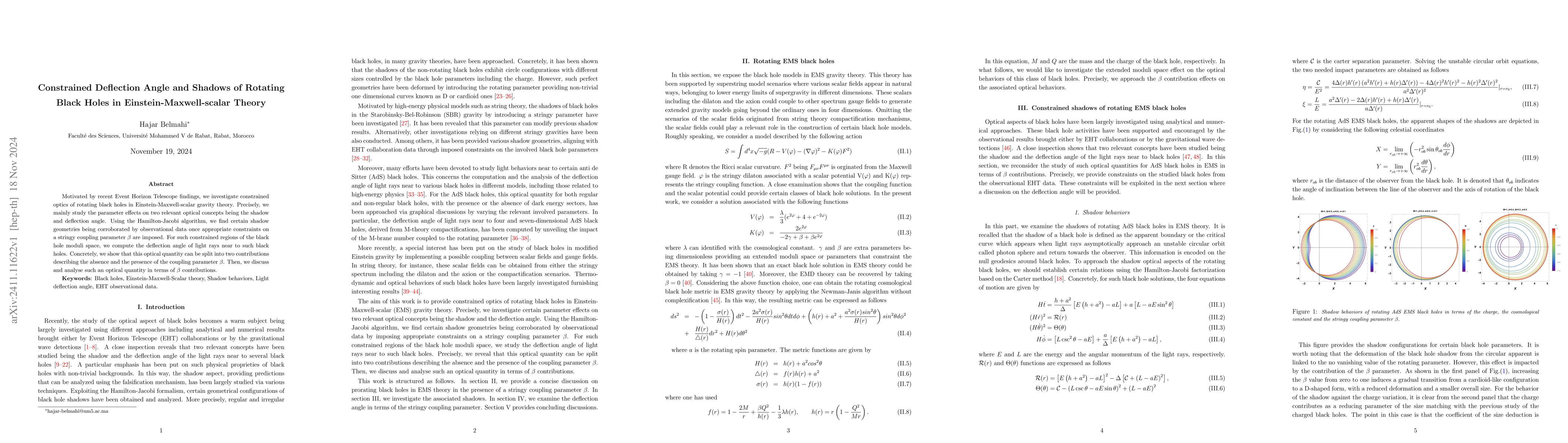 Thumbnail for Constrained Deflection Angle and Shadows of Rotating Black Holes in
  Einstein-Maxwell-scalar Theory