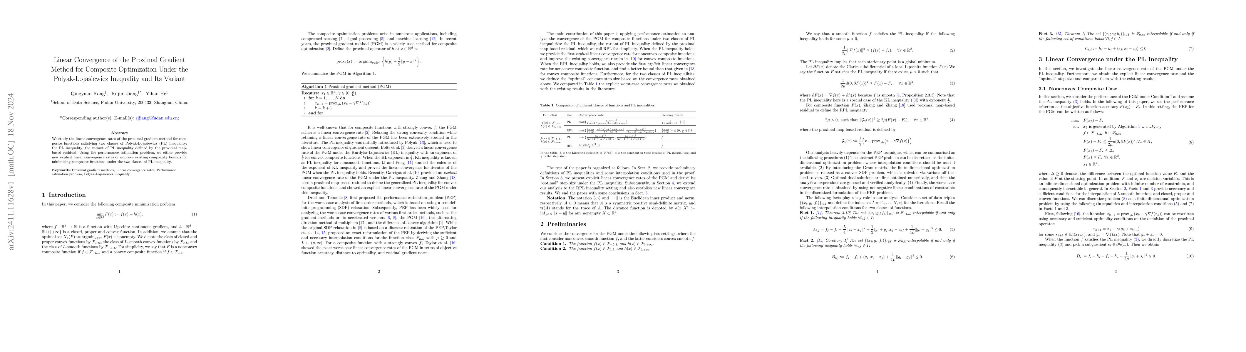 Thumbnail for Linear Convergence of the Proximal Gradient Method for Composite
  Optimization Under the Polyak-Łojasiewicz Inequality and Its Variant