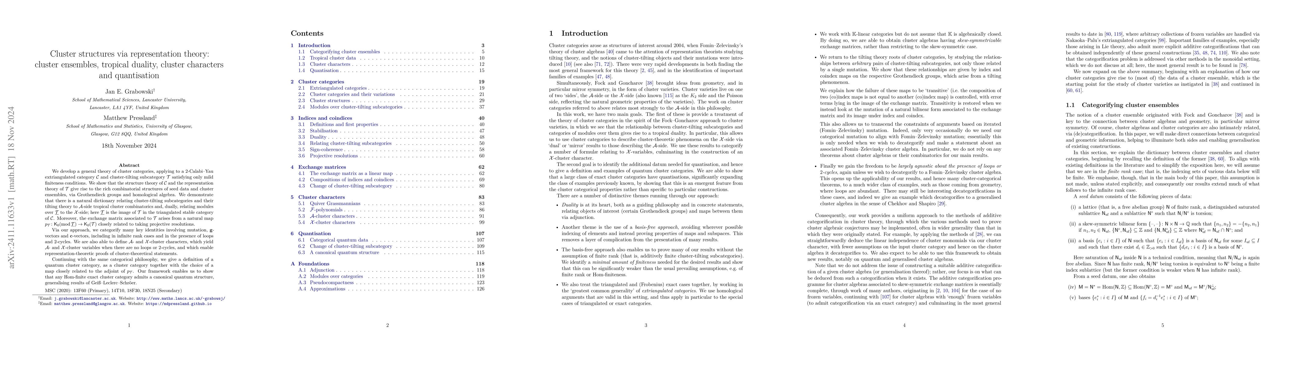 Thumbnail for Cluster structures via representation theory: cluster ensembles,
  tropical duality, cluster characters and quantisation