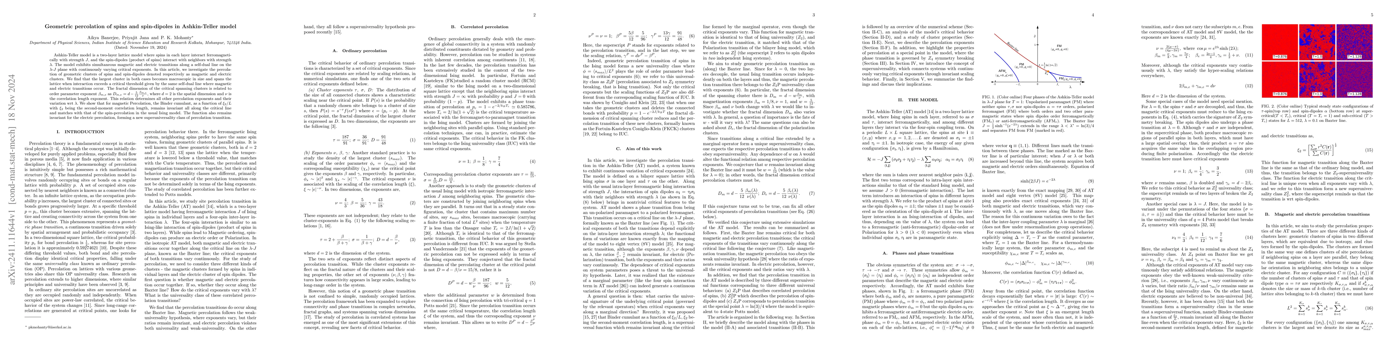 Thumbnail for Geometric percolation of spins and spin-dipoles in Ashkin-Teller model