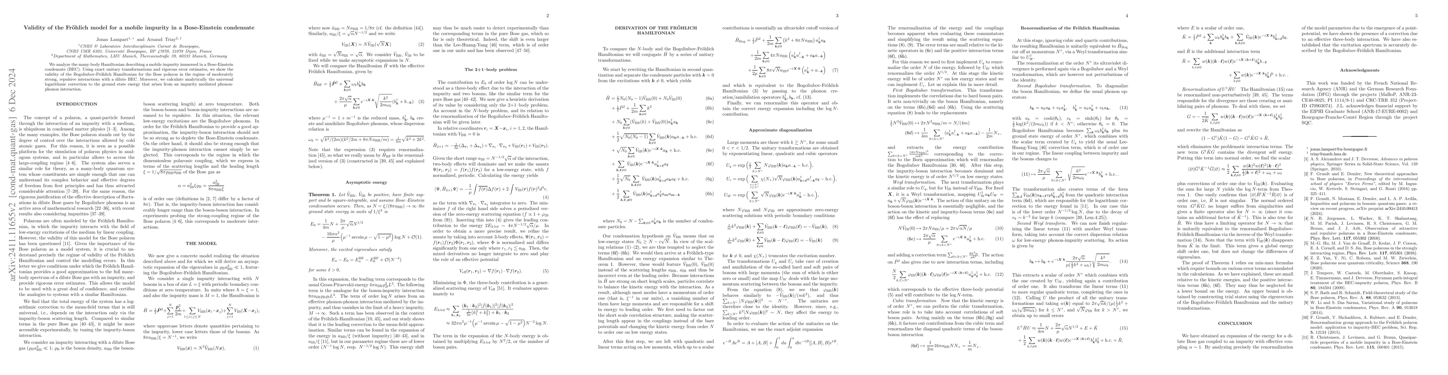 Thumbnail for Validity of the Fröhlich model for a mobile impurity in a
  Bose-Einstein condensate