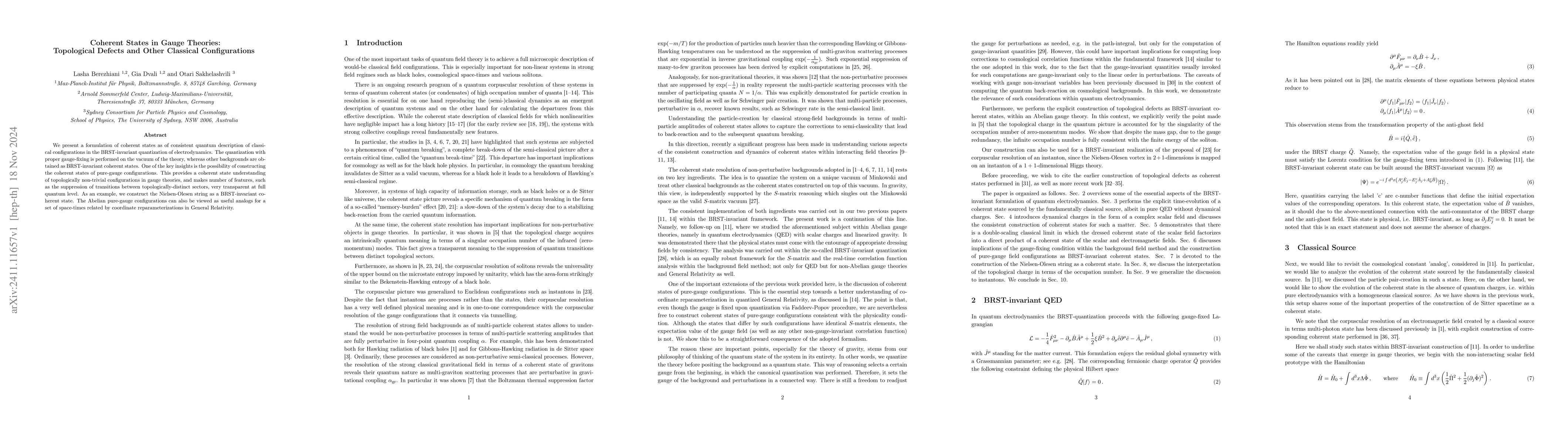 Thumbnail for Coherent States in Gauge Theories: Topological Defects and Other
  Classical Configurations