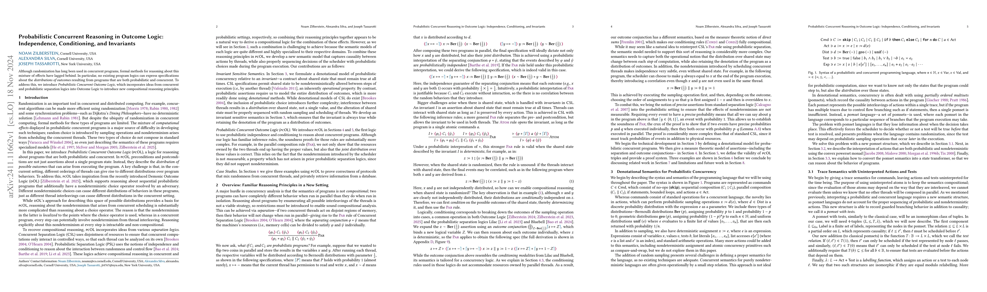 Thumbnail for Probabilistic Concurrent Reasoning in Outcome Logic: Independence,
  Conditioning, and Invariants