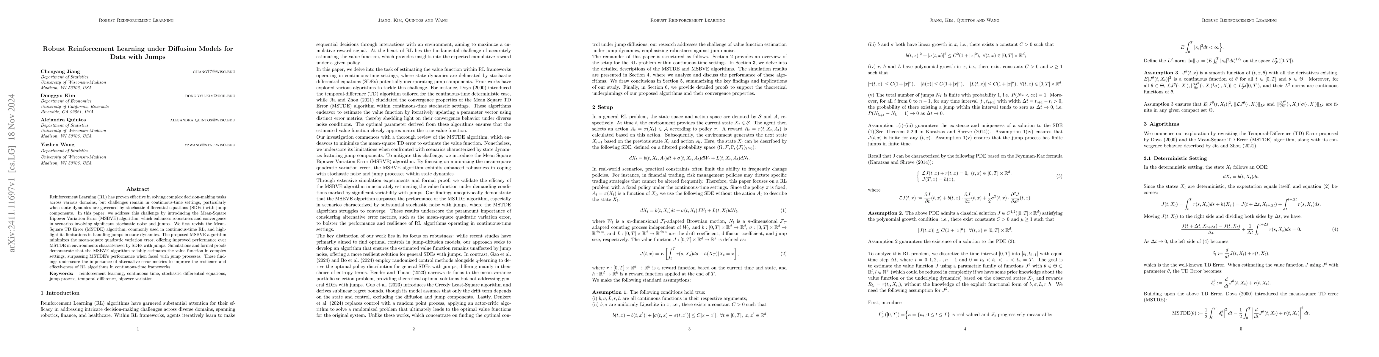 Thumbnail for Robust Reinforcement Learning under Diffusion Models for Data with Jumps