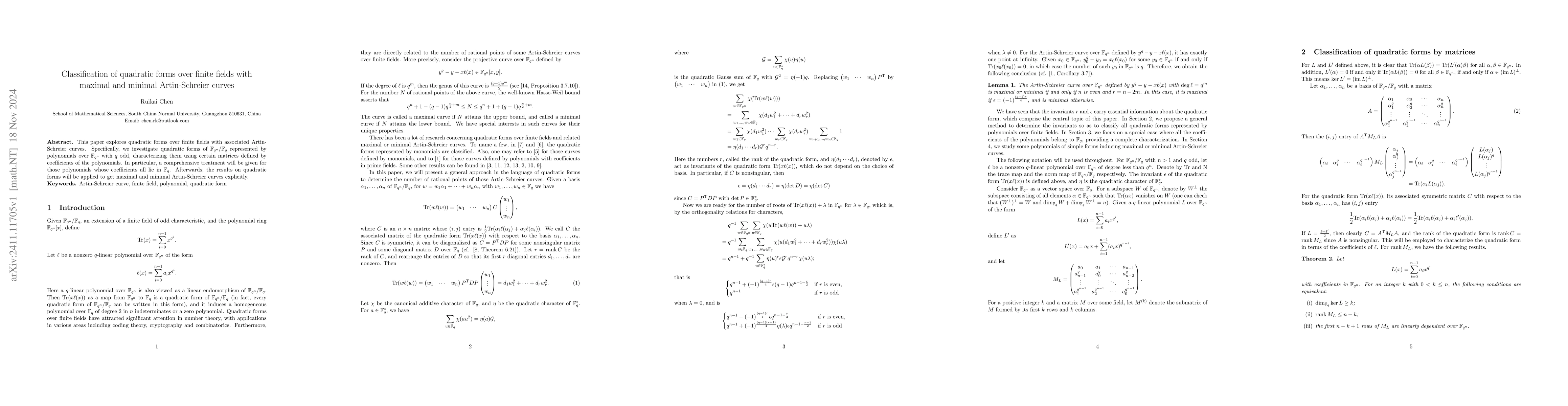 Thumbnail for Classification of quadratic forms over finite fields with maximal and
  minimal Artin-Schreier curves